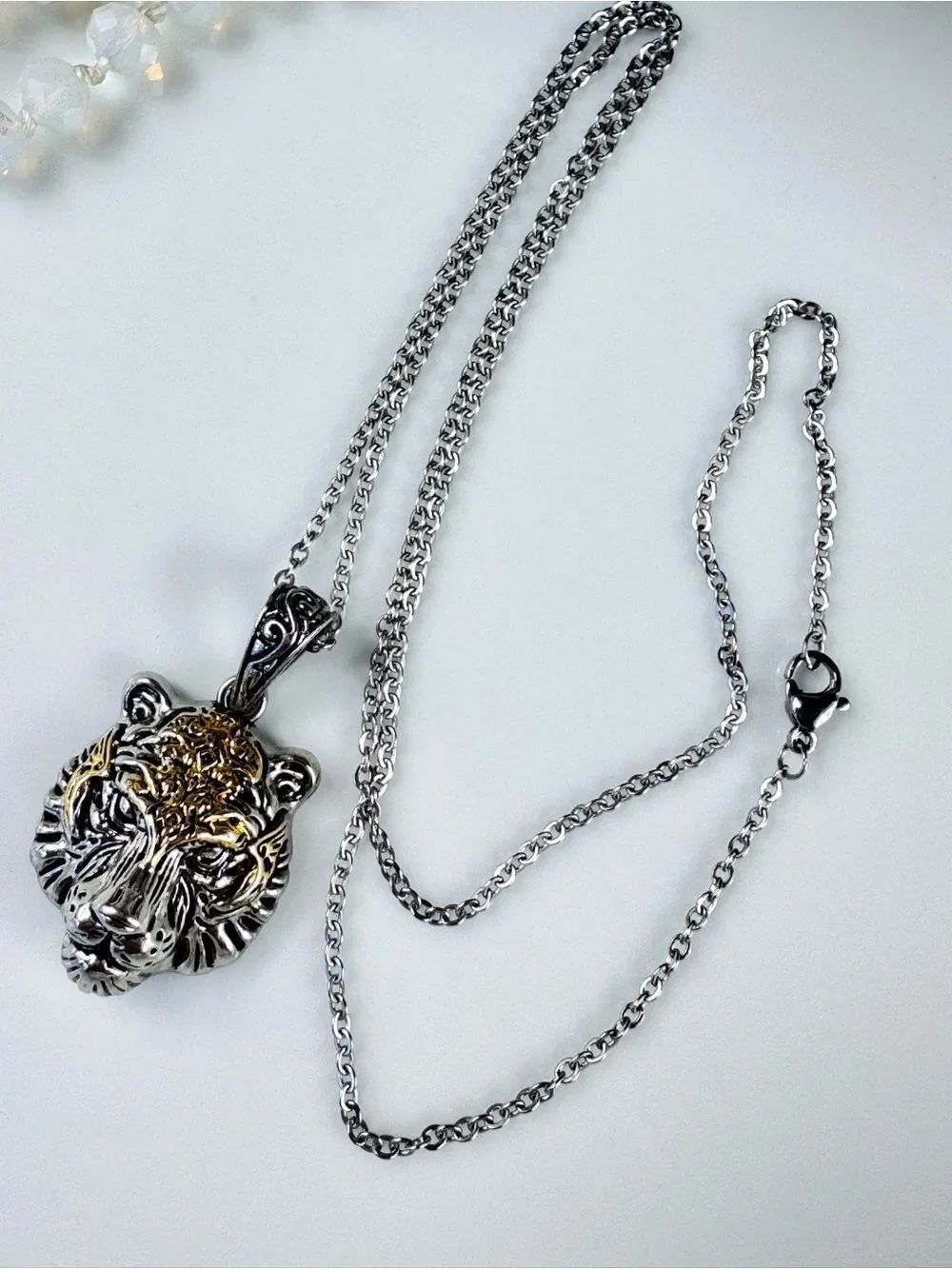 Two-Tone Silver and Gold Tiger Head Pendant Necklace for Women - Picture 6 of 7